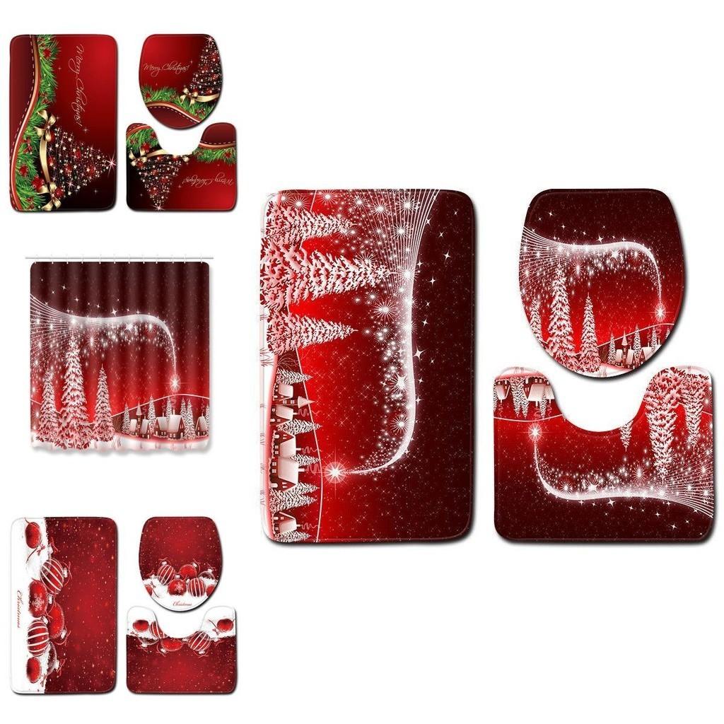 Beautiful 4pcs Christmas Shower Curtain And Toilet Cushion Set For Holiday Home Decoration