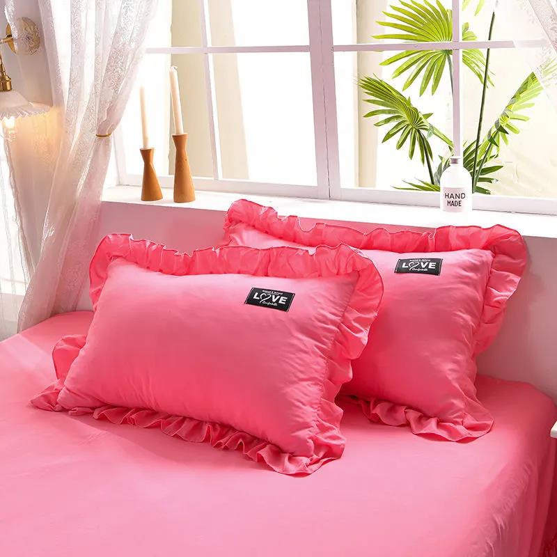 Korean Version of Solid Color Washed Cotton Pillowcase Stitching Lotus Leaf Lace Pillowcase 48*74cm A Pair of Large Pillowcases