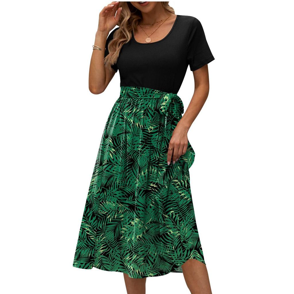 Midikleider Damen Blumendruck Patchworkkleid Kurzarm Rundhals Bequemes Alltagspartykleid