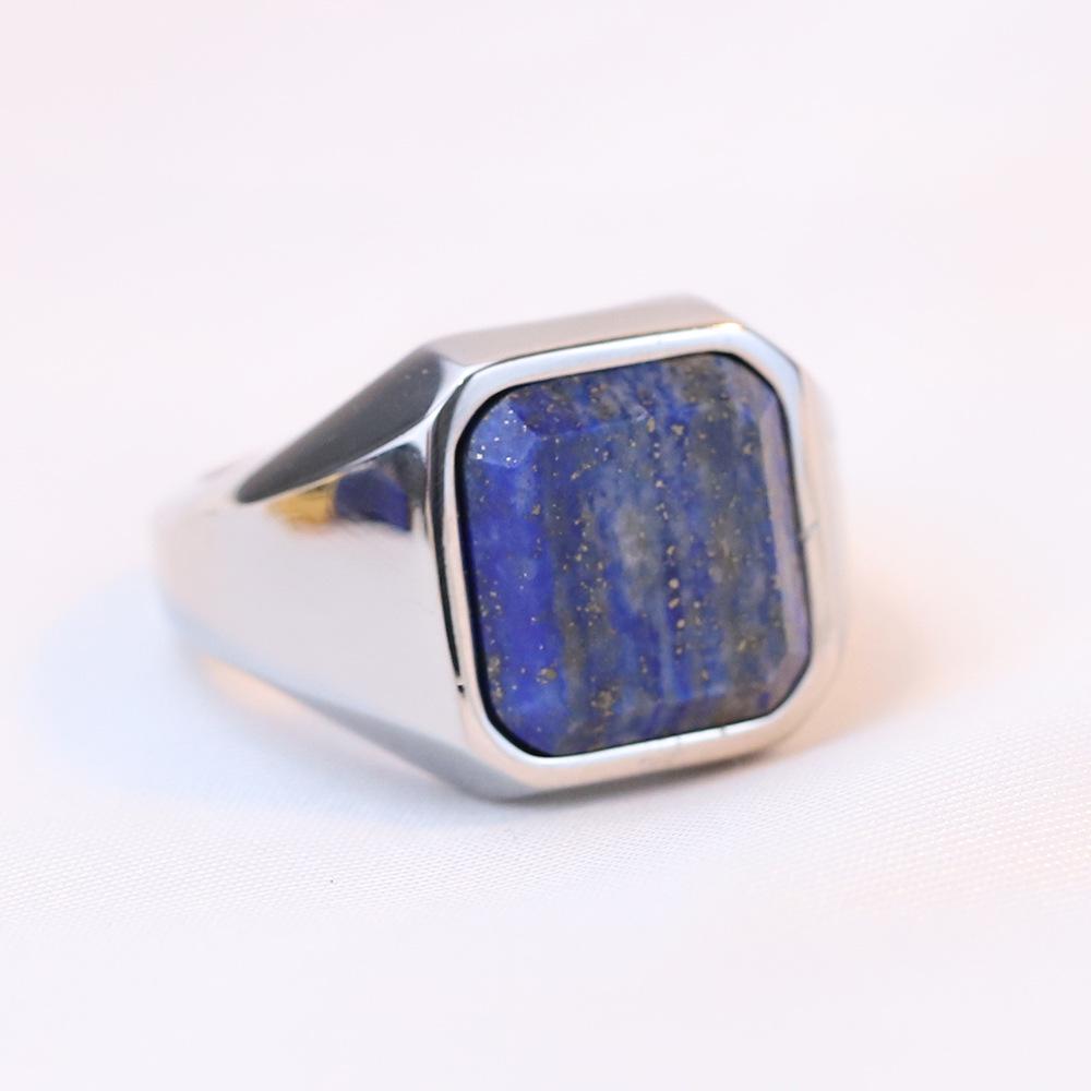 European & American Minimalist Retro Geometric 22MM Square Lapis Lazuli Inlaid Stainless Steel & Titanium Ring