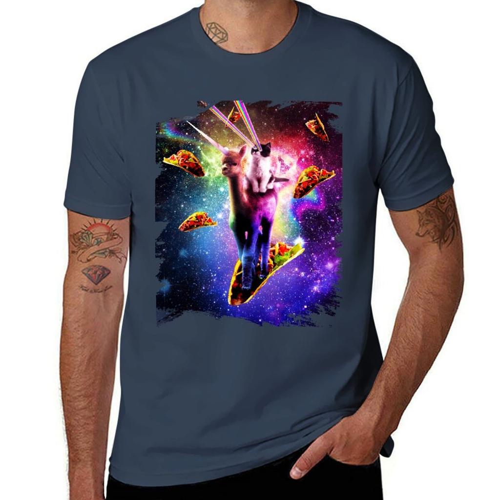 Cosmic Cat Riding Alpaca Unicorn TShirt Classic Graphic Short Sleeve Top