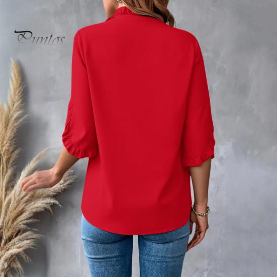 Damen T-Shirt V-Ausschnitt Rüschenbesatz Patchwork Blütenblattärmel Einfarbig Oberteile Lockerer Schnitt T-Shirt Lässig Büro Reisehemd