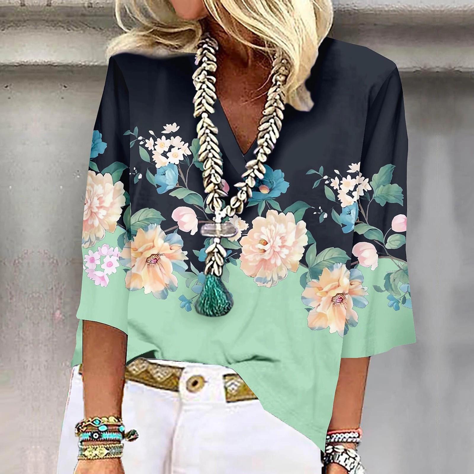 

Женская рубашка, блузка, повседневные свободные рубашки, рукава 3/4, топы с v-образным вырезом и принтом, топы с принтом, футболки, футболки XXXL