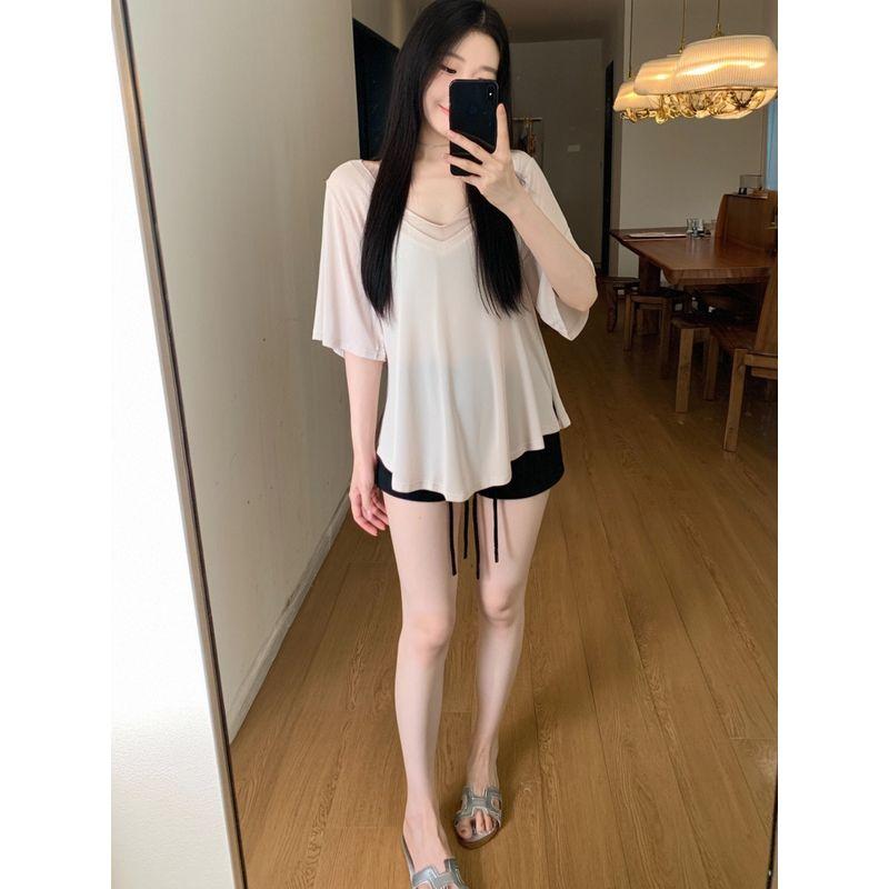 Plus Size Chubby Girl K-style Casual Laid-Back Style V Neck Short-Sleeved T-shirt Women's Summer New Arrival Loose Slimming Slim Fit Bottoming Shirt
