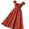 2026 Summer French Retro Red Floral Square Neck Dress for Petite Women