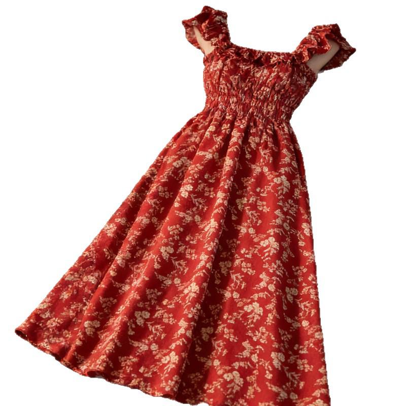2026 Summer French Retro Red Floral Square Neck Dress for Petite Women