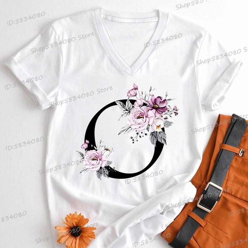 Vintage Flower Alphabet Womens Clothing Letter M Floral Monogram Graphic T Shirts Women AZ 26 Alphabet Gift Shirt for Women