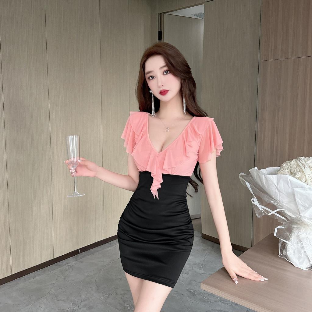 Women's Work Clothing Store Low-cut Sexy Mesh Splicing Lotus Leaf Bottom Short Sleeve Hip Wrap Dress