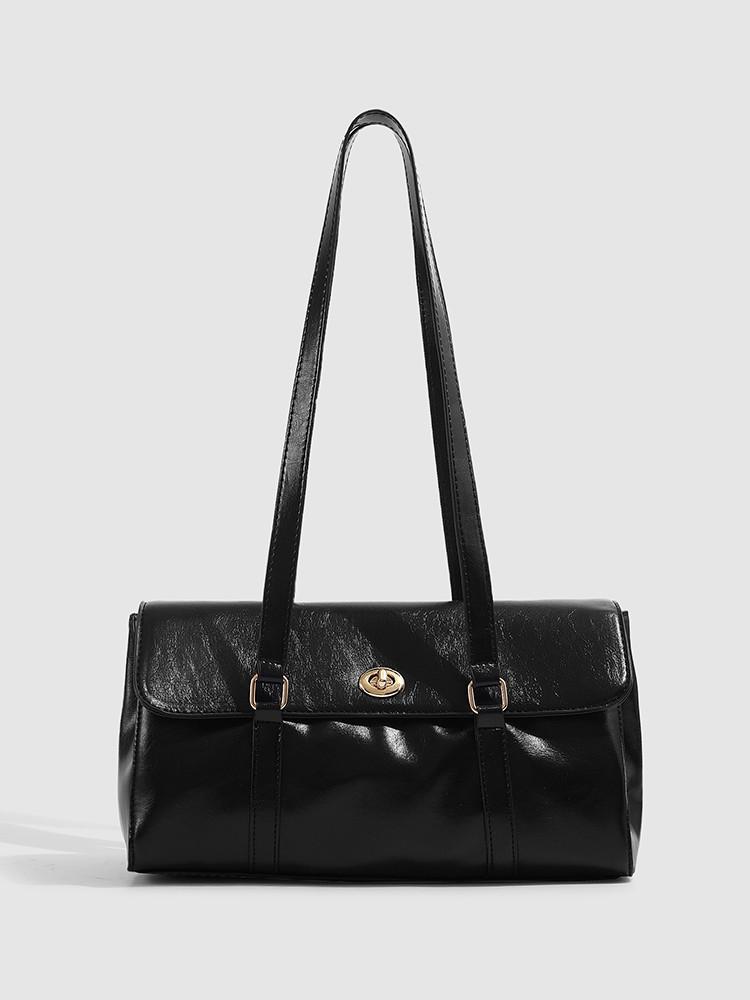 

High-end oil wax leather underarm bag women s 2025 autumn and winter new retro pillowcase commuter versatile shoulder baguette bag чорний