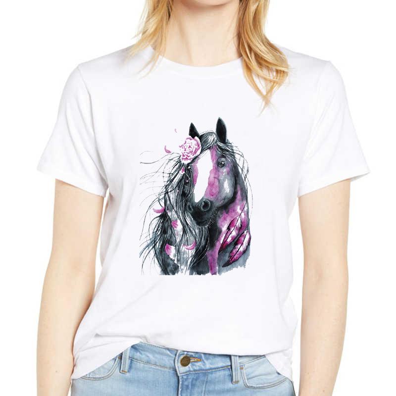 Colorful Horse Print Women T-Shirt Funny Short Sleeve Cute Print Casual Womens Tee Tshirt 90S Clothes Graphic Ladies T-Shirt