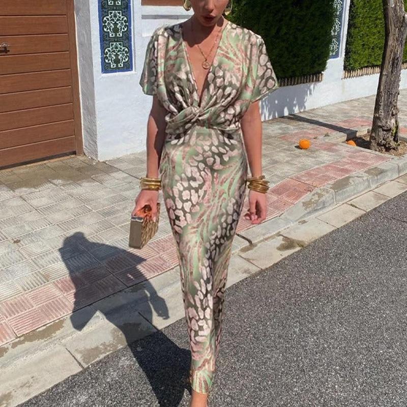 Women s Spring New Fashion Tight Printed Twist Sexy Dress S