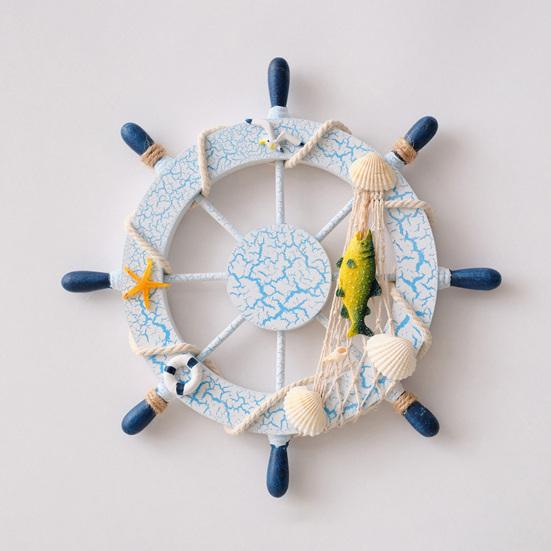 11" Nautical Beach Wooden Ship Wheel Wall Art Coastal Style Boat Steering Wheel Wall Hanging Ornament with Starfish And Hemp Rope for Living Room