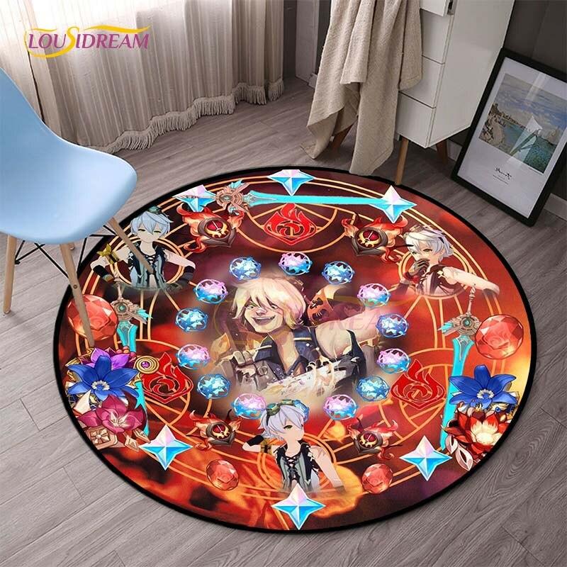 Genshin Impact Runde Teppiche für Schlafzimmer, Cartoon-Teppiche für Wohnzimmer, Kinder, weicher Teppich, rutschfeste Bodenmatte, Heimdekoration, Camping, Picknick