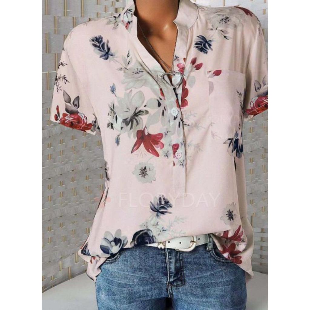 Women's Fashion Printed V-neck Short Sleeve Blouse, 10 Colors 8 Sizes Available Casual Summer Top