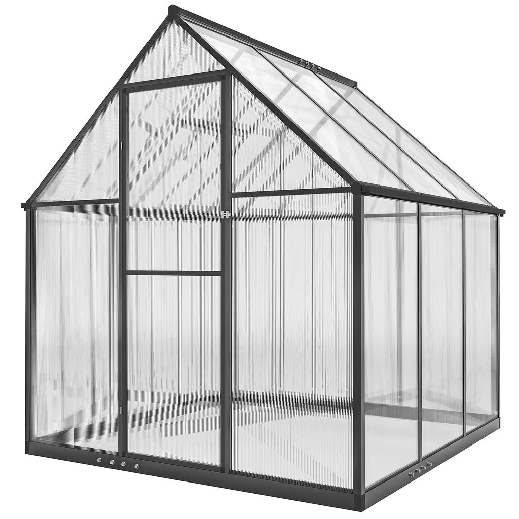 Invernadero de Policarbonato con Puerta Abatible y Ventana Ajustable, Invernadero para Caminar con Canalón de Lluvia, 1.68 x 1.83 m, Negro