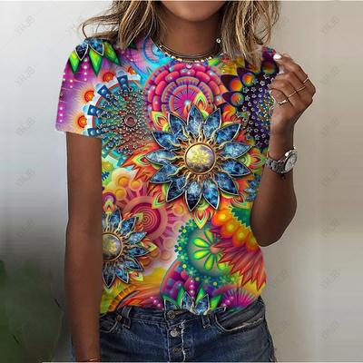 Camiseta Feminina Redonda de Manga Curta, Colorida e Elegante, com Estampa Digital 3D, Personalizada e Fashion