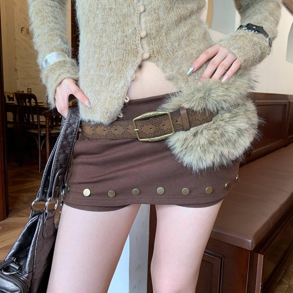 

Punk Faux Fur Belts Trendy Design Waist Belts Retro Plush Furry Splicing Belt Women Fashion коричневий