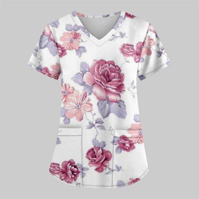 Scrub Medizinisch Frau Blumendruck Tierarzt Pflegeoberteile Mode V-Ausschnitt Kurzarm Aufgesetzte Tasche Gesundheitswesen Klinische Uniform Frau