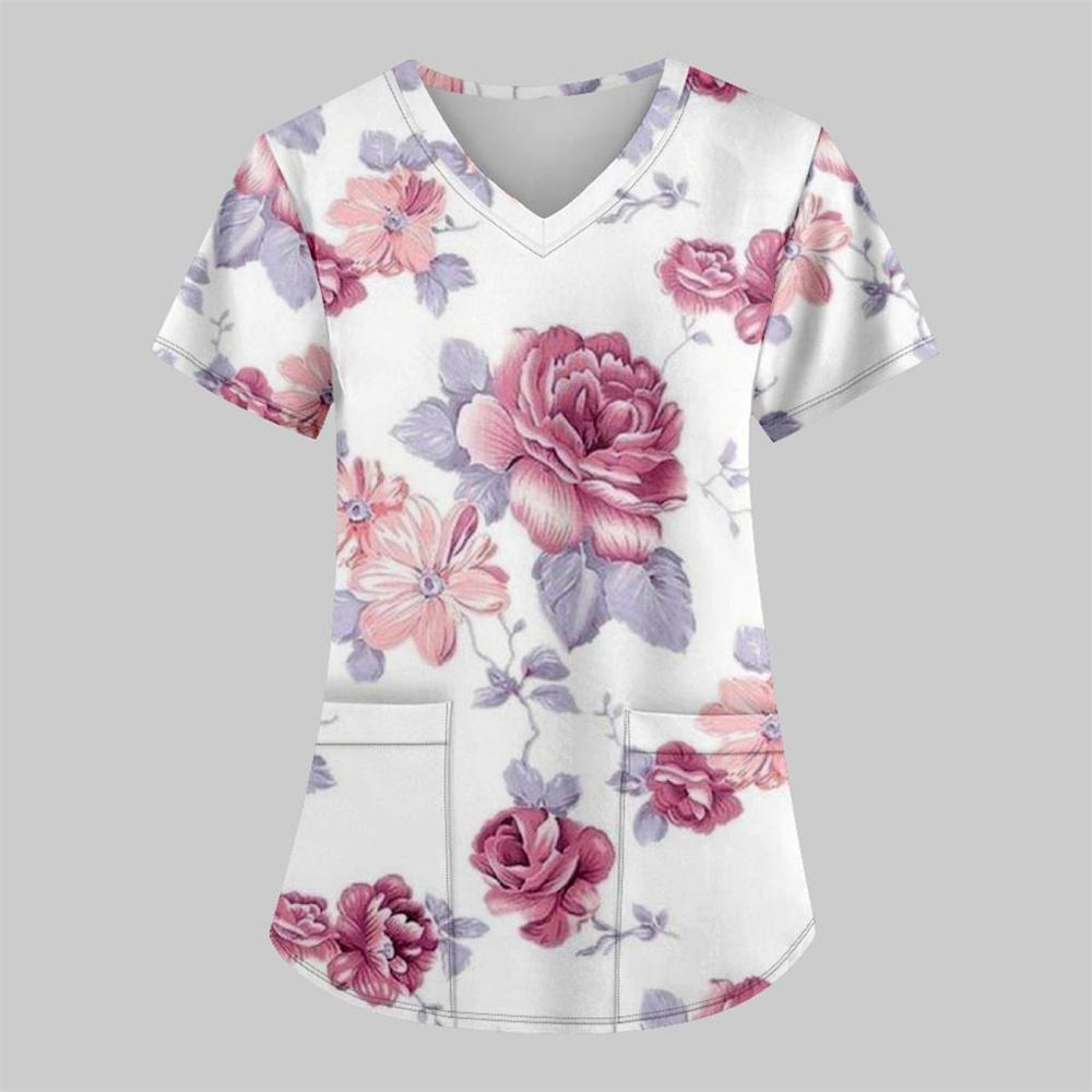 Scrub Medical Woman Floral Print Vet Nursing Tops Fashion V-Neck Short Sleeve Patch Pocket Health Care Clinical Uniform Woman