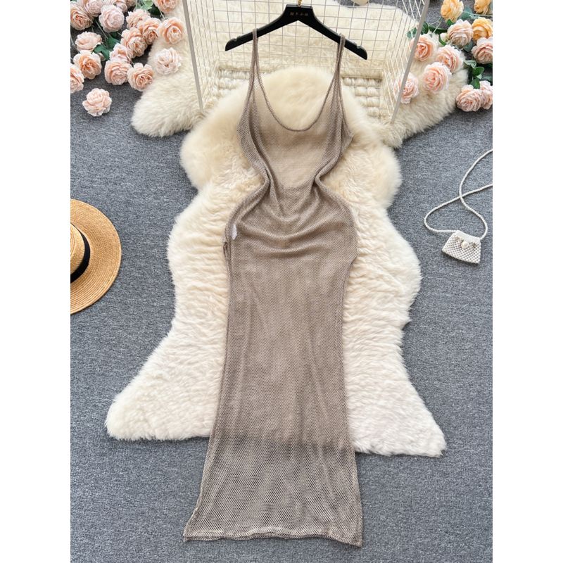 Sexy Stage Nightclub Style See-through Mesh Strap Dress Women's Slim-Fit Slimming outside Wear Split Backless Sexy Dress
