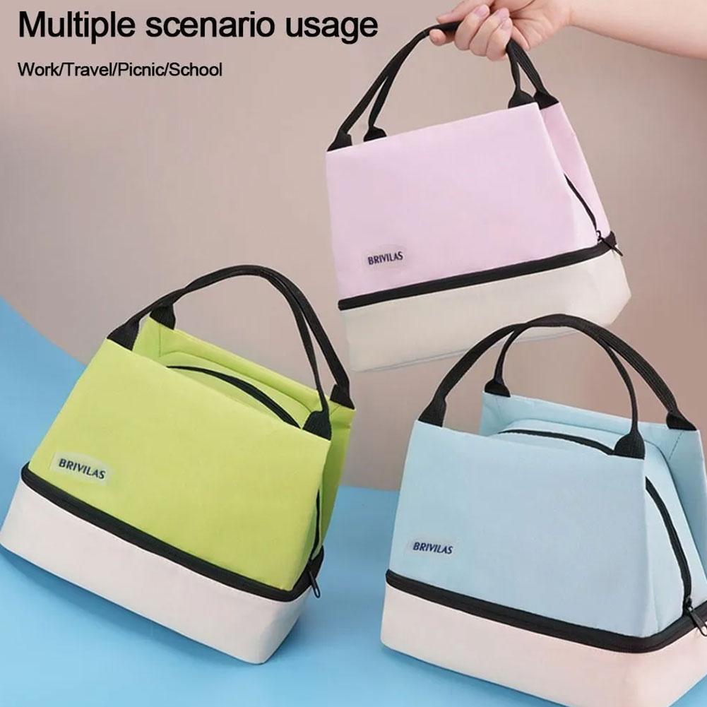 Fashion Color-blocked Double-layer Lunch Bag Fashion Dopamine  Bento Insulated Pack Portable Food Handheld Insulation Bag