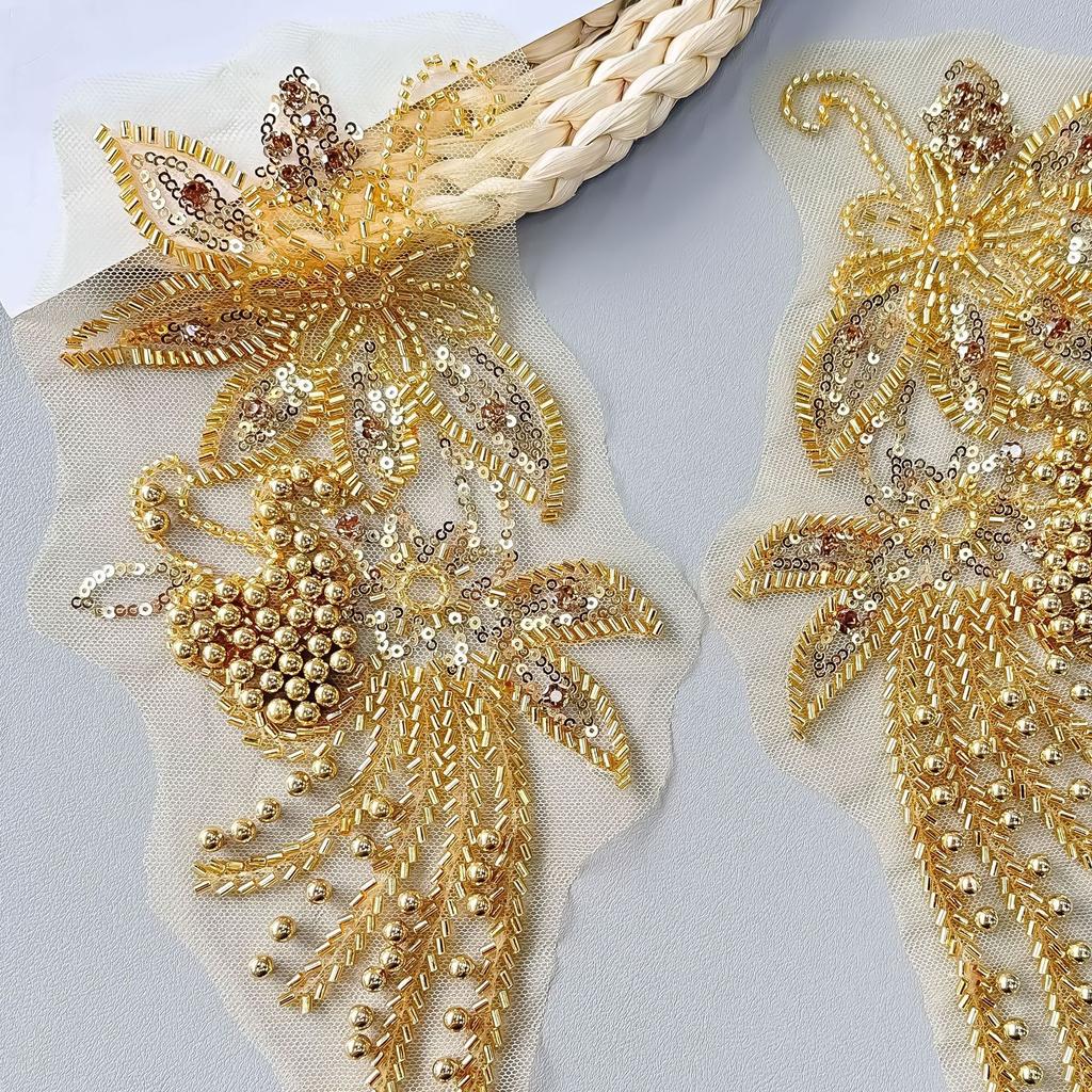 Heavy Industry Gold Mesh Bead Sequined Flower Cloth Sticker Exquisite Dress Skirt Decoration Diy Accessories Clothing Accessories