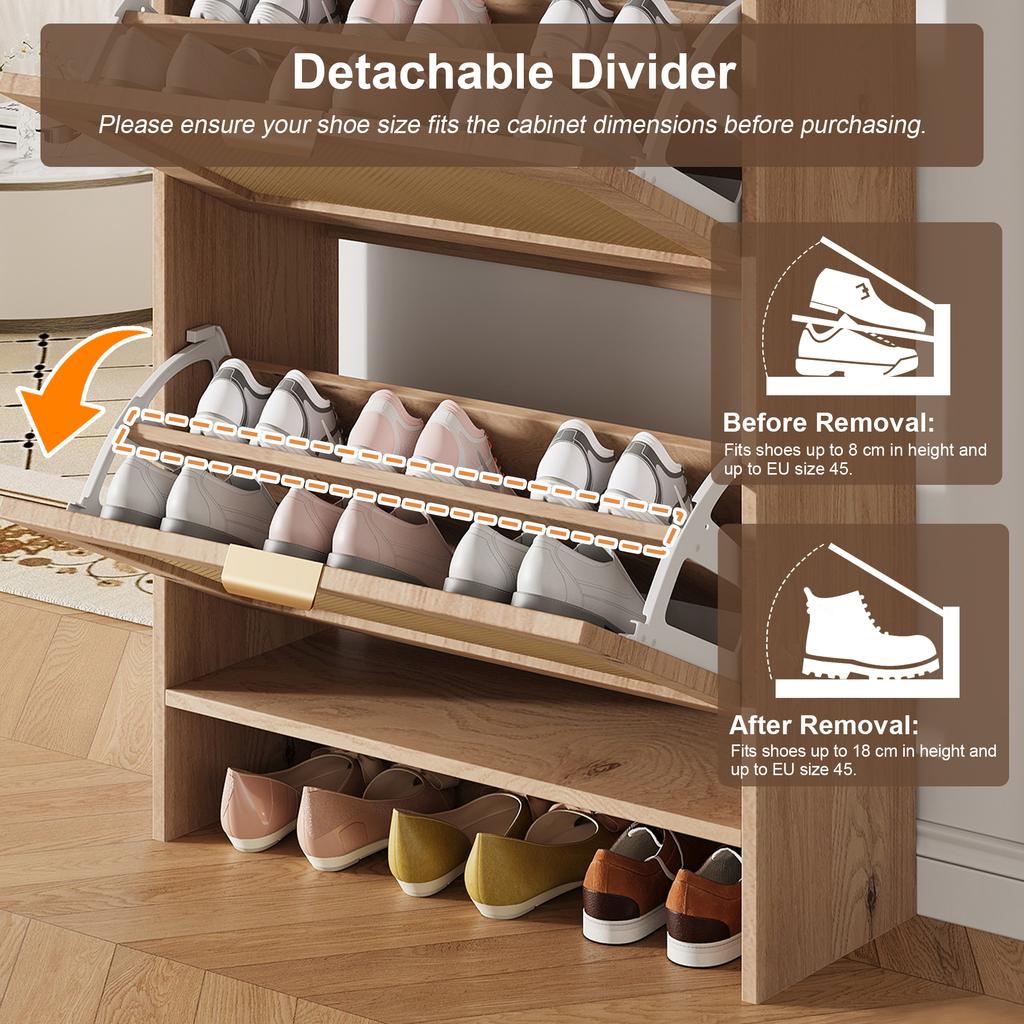 Modern Shoe Cabinet with Rattan Double Doors, 2 Drawers, Multi-level Storage, Narrow, for Hallway and Entrance, Wood Look, 65 × 25 × 106 Cm