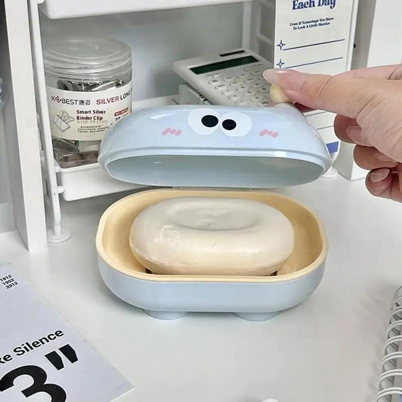 Creative Cute Countertop Soap Box with Lid Portable Double Layer Drainage Bathroom Storage Box Household Organizer