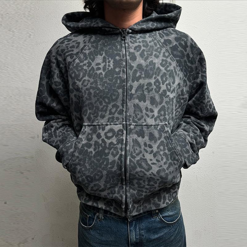 European and American autumn and winter retro loose trendy printed hooded zipper sweatshirt
