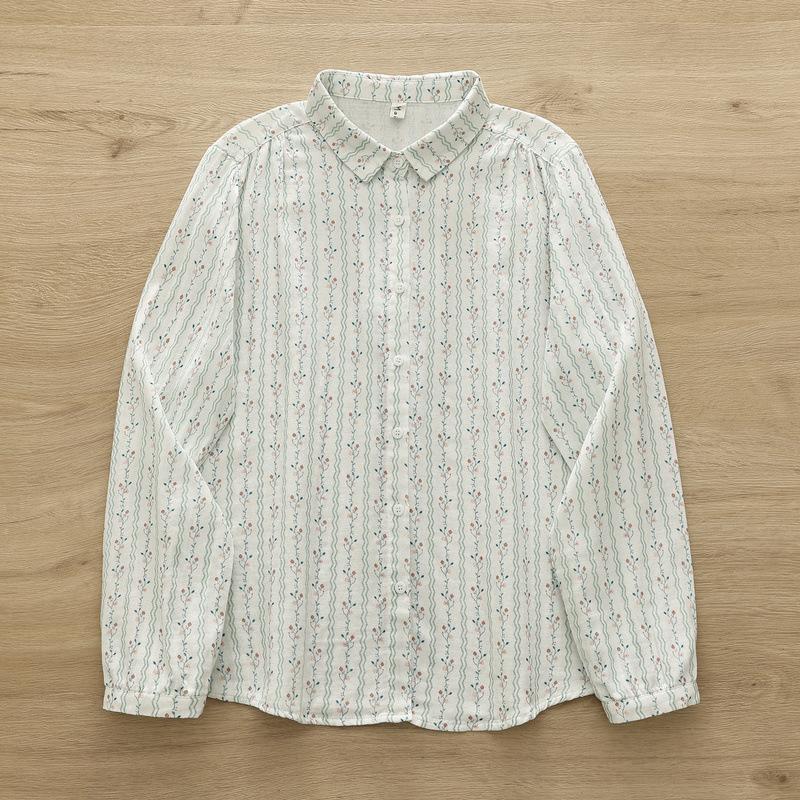 Spring Autumn Women White Shirts Cotton Yarn Floral Printing Long Sleeve Lady Tops Loose Blouses Soft Female Clothing