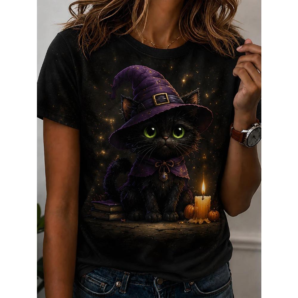 Fashion Women Retro Creative Cat Pattern Print T Shirt Funny Casual O-neck Short Sleeves T-shirt Summer Female Tee Shirt Halloween Limited Edition