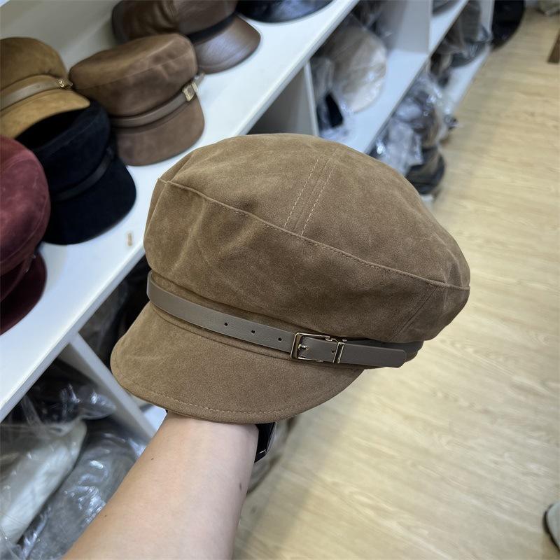 Autumn and Winter Belt Splicing Polished PU Leather Flat Top Hat Women's Niche Short Cover All-match Crooked Trendy Hat
