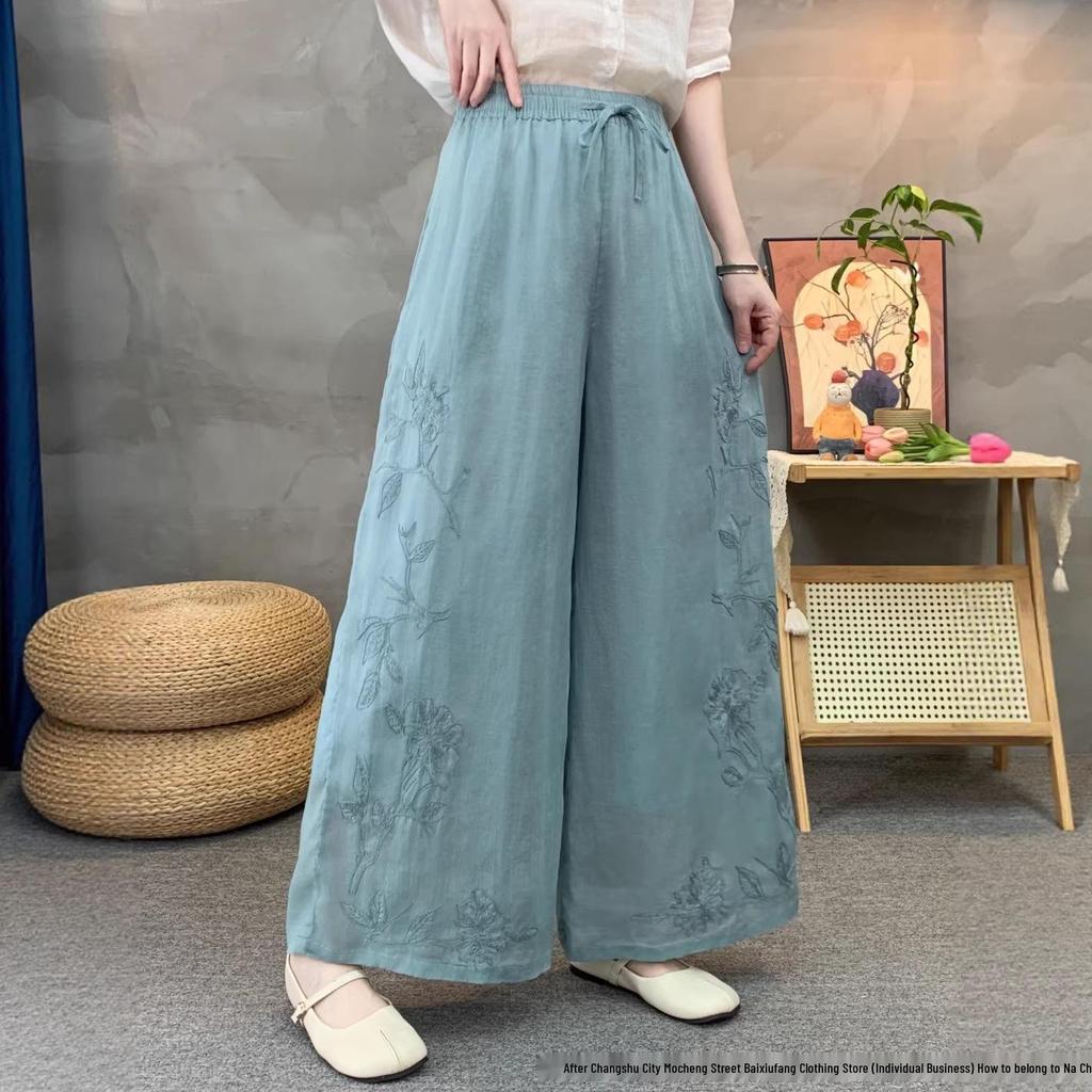 2026 Summer Linen Wide-Leg Pants with Artistic Embroidery and Elastic Waist for Women