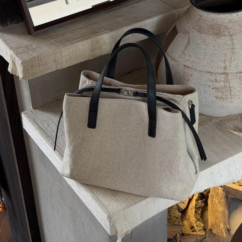 AAM Three-compartment Linen and First-layer Cowhide Large-capacity Tote Bag Lazy Wind Portable Shoulder Messenger Bag