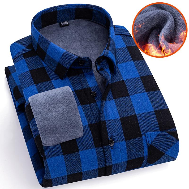 Men's Plaid Flannel Shirt Fleece Lined Warm Turn down Collar Long Sleeve