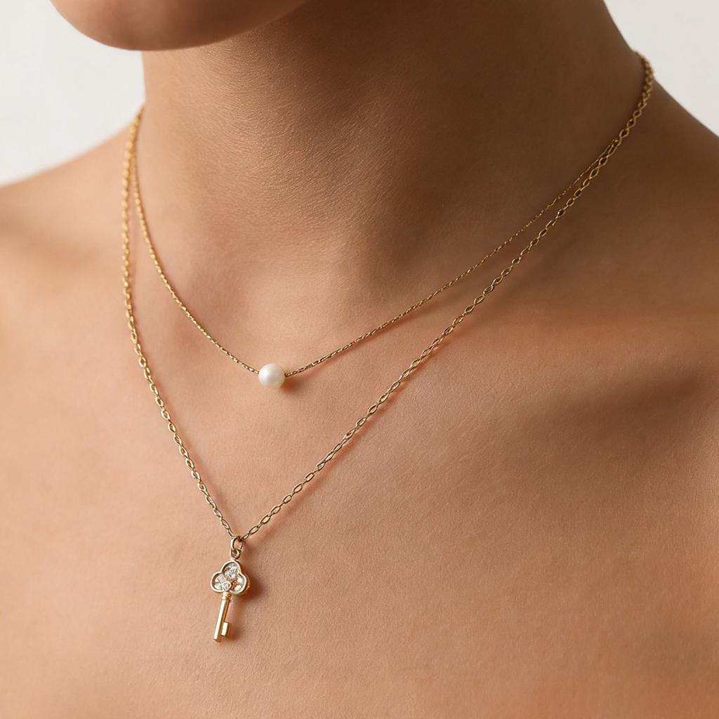 18K Gold Plated CZ Zircon Pearl Layered Necklace for Women Stainless Steel Key Charm Clover Pendant Jewelry Gift Custom`