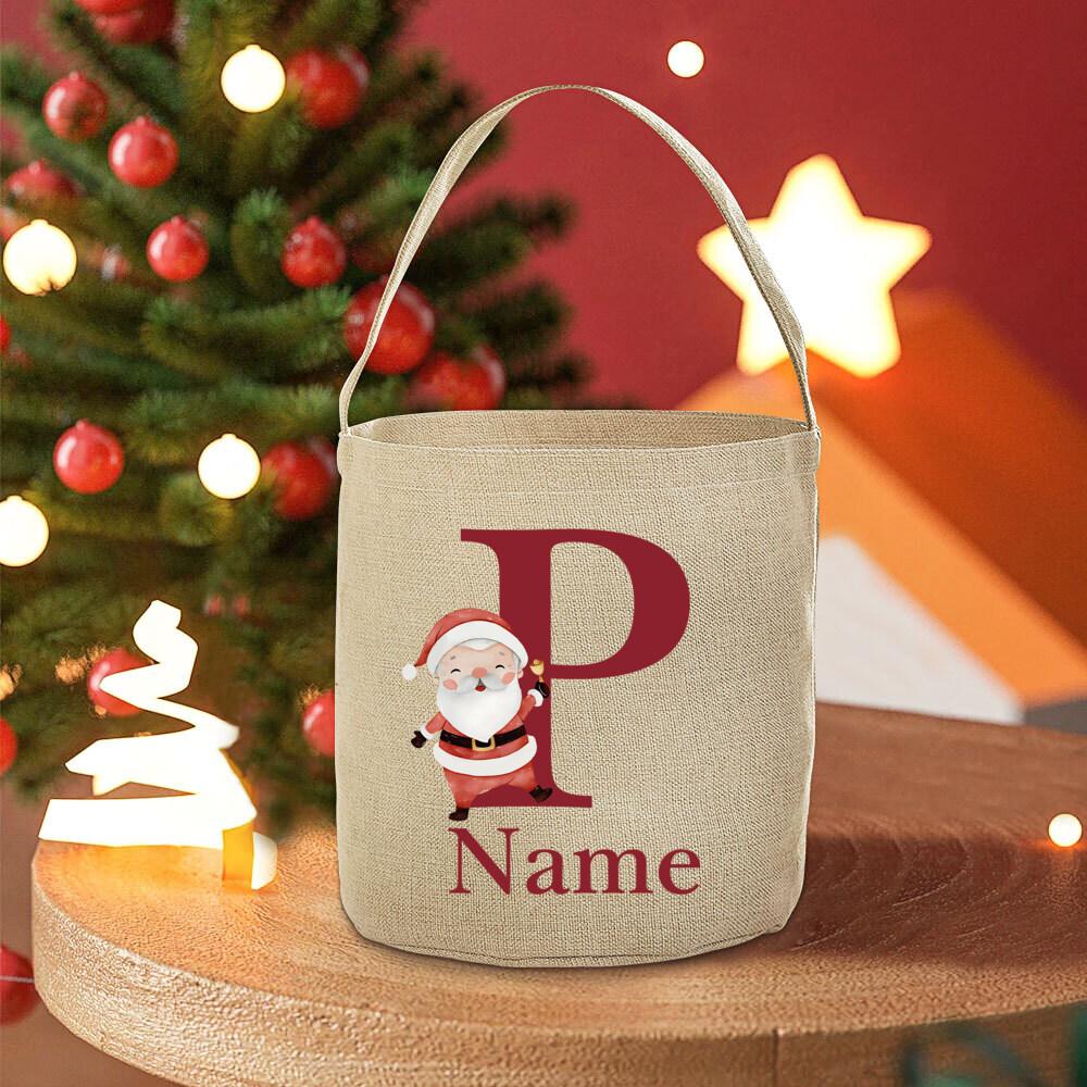 Personalised 26 Initial with Name Candy Bucket Bag Christmas Party Children's Tote Bags Portable Basket Kid Xmas Gifts