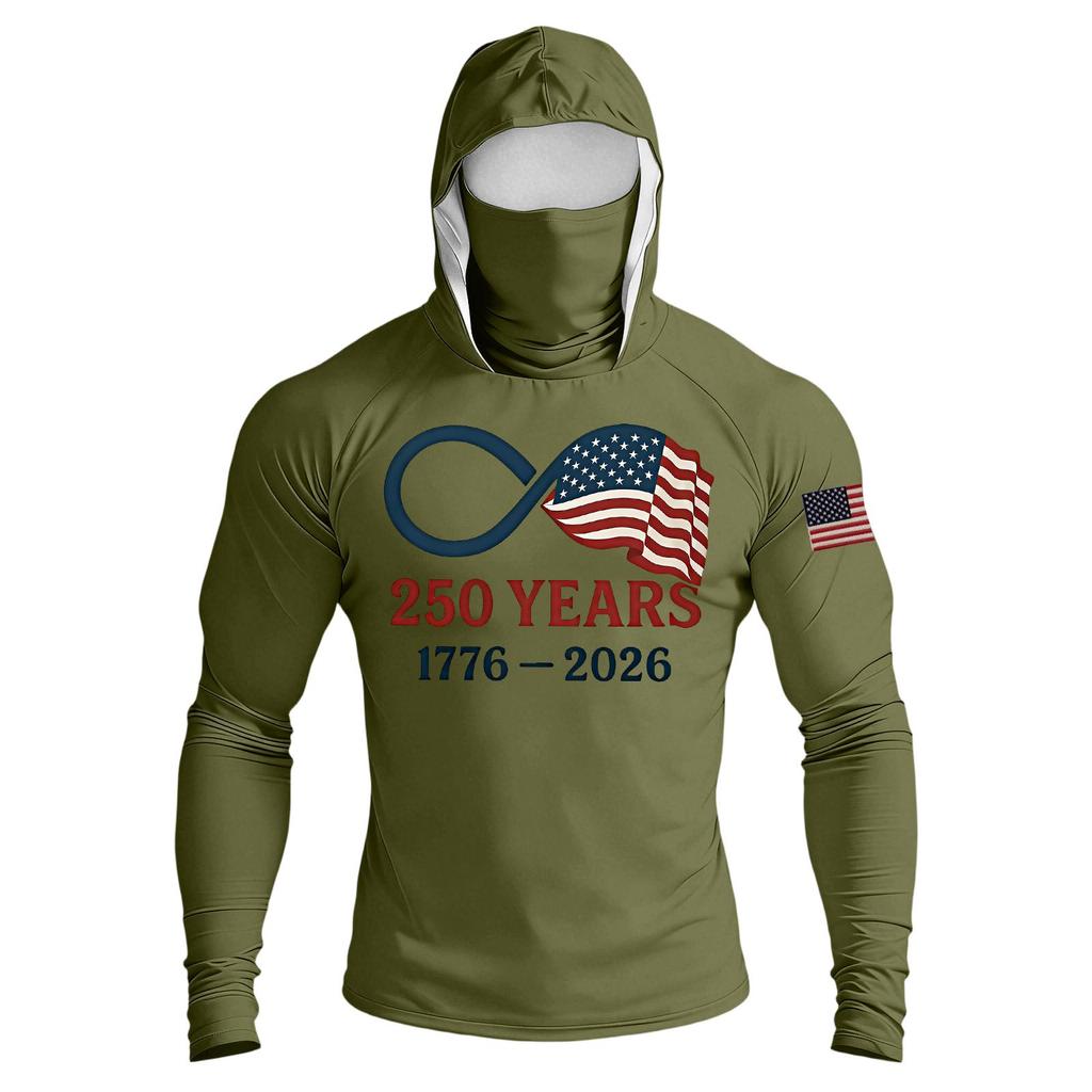 Men's Raglan Sleeve Hooded Long Sleeve Sun Top with Printed Front and Sleeve Design for Outdoor Activities