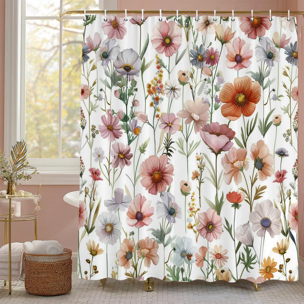 Spring Small fresh Floral , leaves Shower Curtain, Bathroom Decorative Shower Curtain, Waterproof Shower Curtain with Hooks