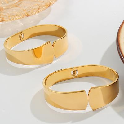 Chic Style Elegant Fashion Commuting Simple Personalized Jewelry Geometric Glossy Design Titanium Steel Gold-plated Wide Version Bracelet