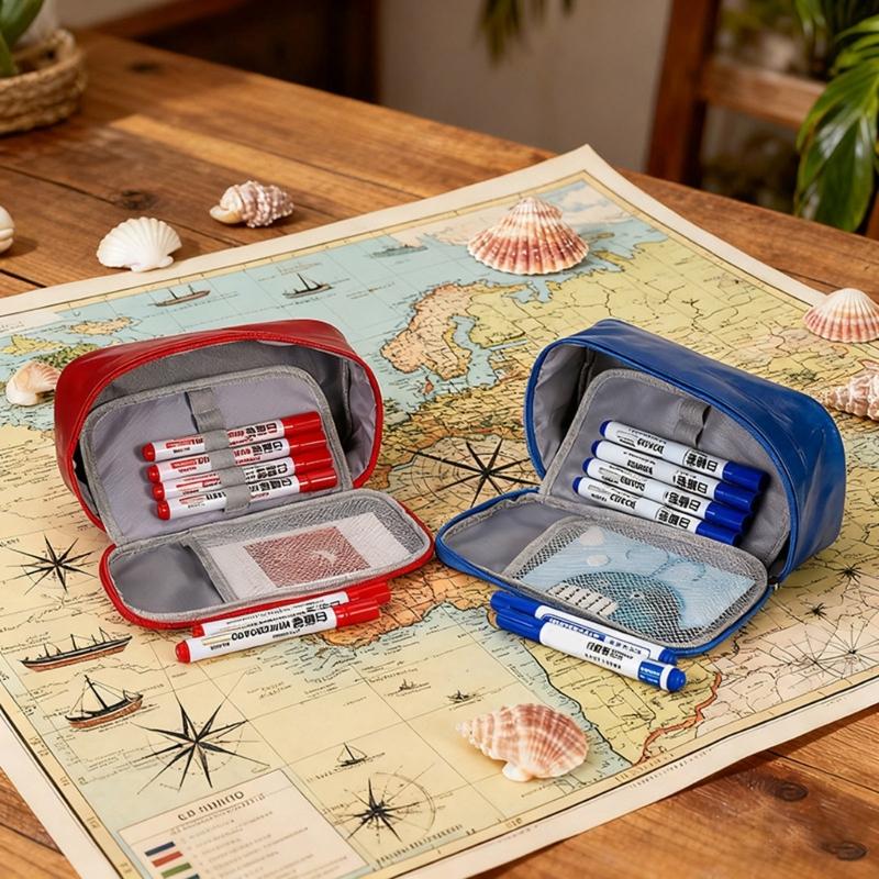 Waterproof PU Leather Pencil Case High Capacity Pencil Pouches Multi Compartment Zippered Pen Bag For Student Adult Kid