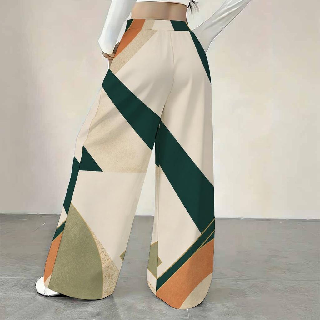 Women Plus Size Beige Abstract Printed Drawstring Loose Straight Leg Full Length Pants