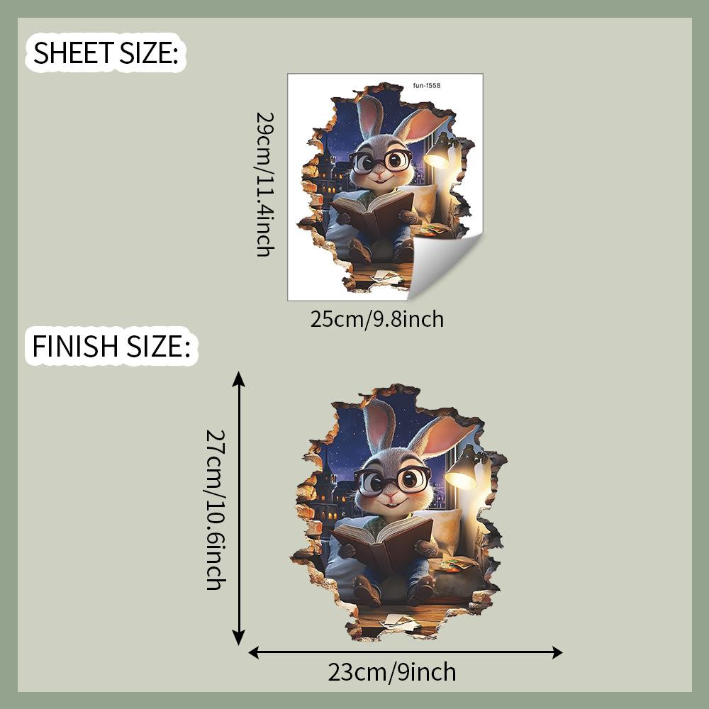 Creative 3D Breaking Wall with Cute Reading Rabbit Wall Sticker Playful Educational Self-Adhesive Decor for Bedroom Living Room Kids Room
