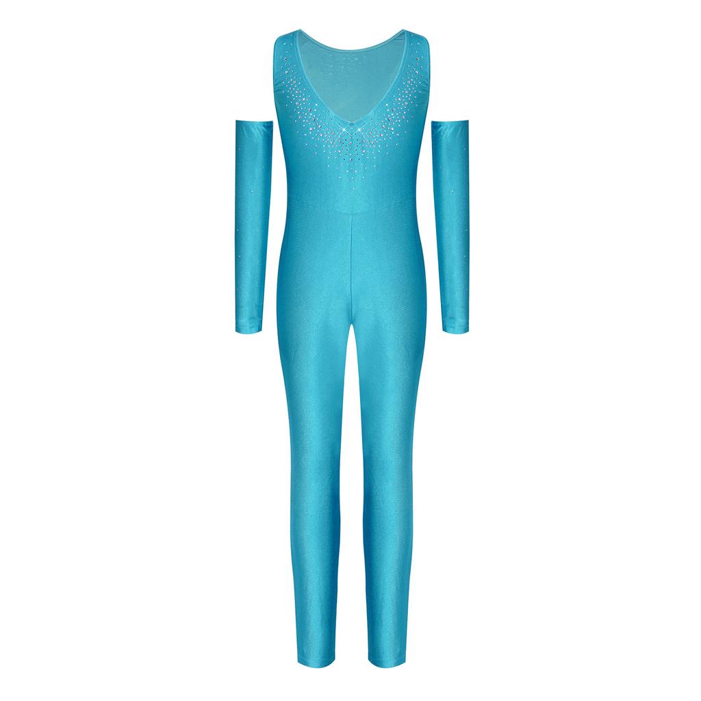 Girls Sparkly Rhinestone Dance Bodysuit Sleeveless U Back Mesh Overlay Ruched with Detachable Arm Sleeves for Gymnastics Competition