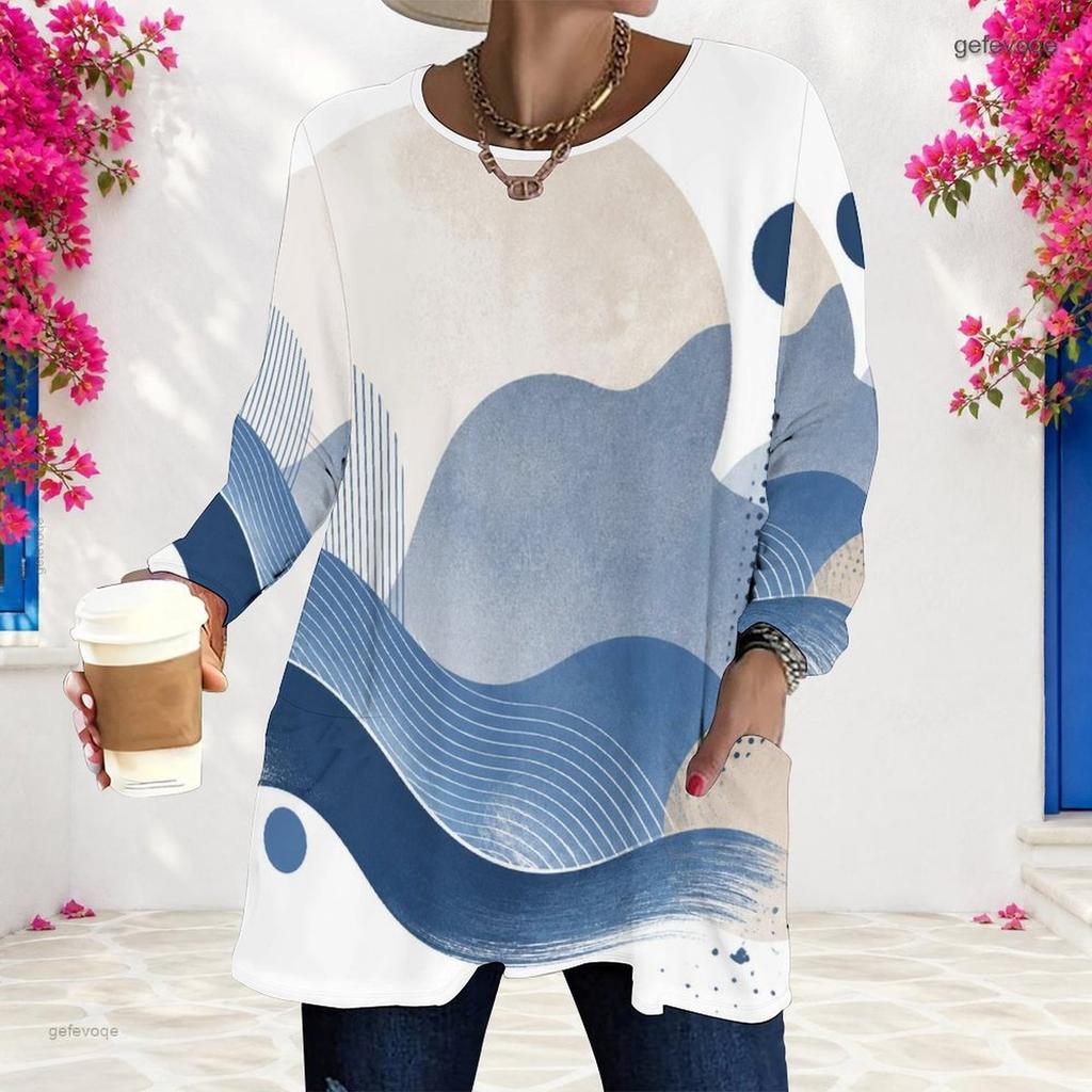 Women Plus Size Round Neck Long Sleeve Blue White Beige Printed Loose Longline T Shirt With Pockets