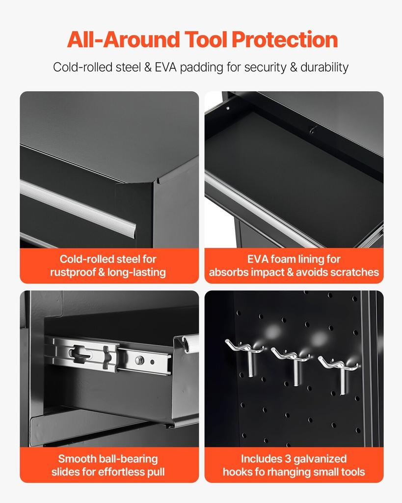 Coffre à outils à roulettes, Conception 2-en-1, Organiseur d'armoire à outils à 5 tiroirs avec Top détachable, Boîte à outils en métal, Barre de verrouillage, Revêtement de protection et Porte-outils,
