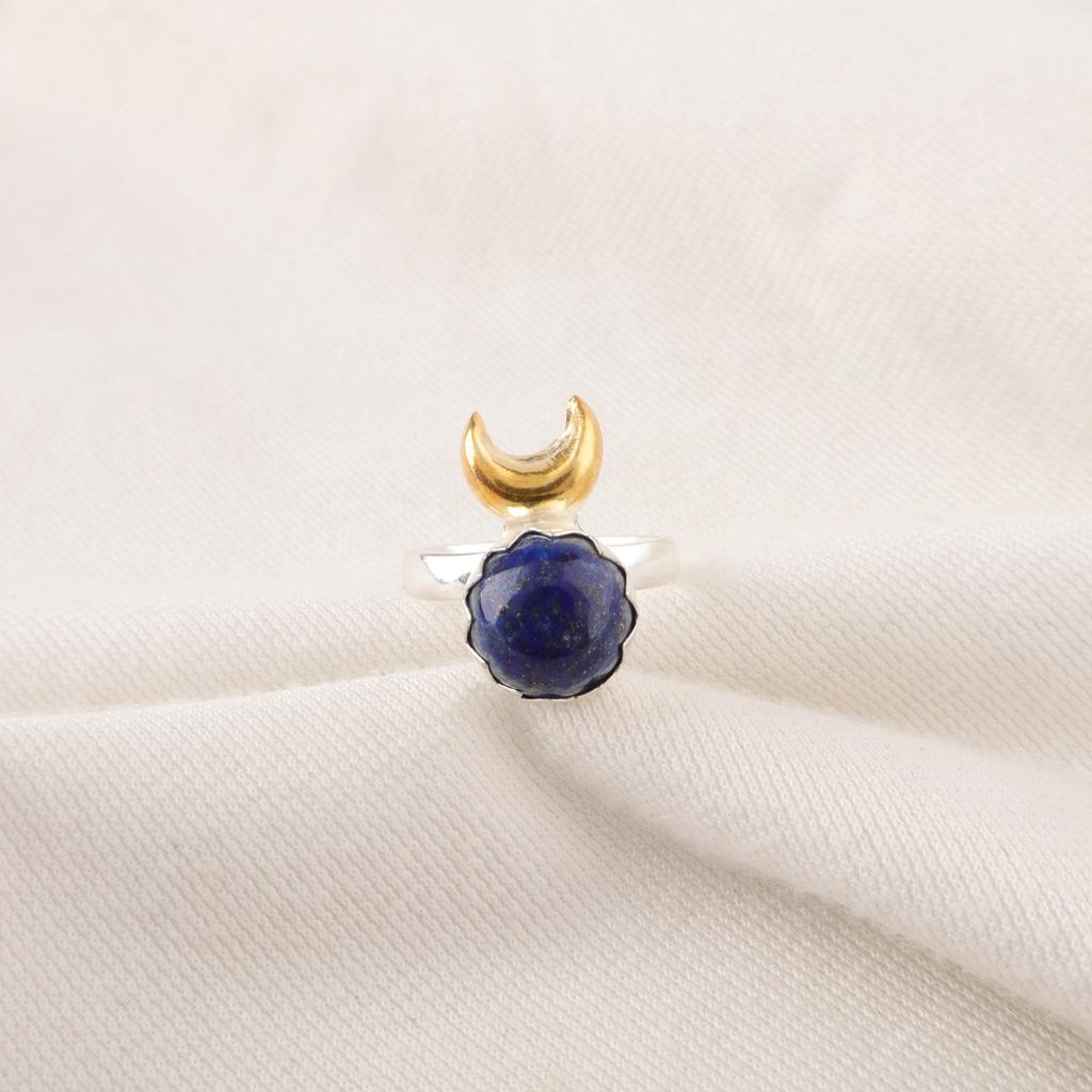 Round Natural Lapis Lazuli Sterling Silver Wife Gift Cocktail Throat Chakra Ring RR-58-28