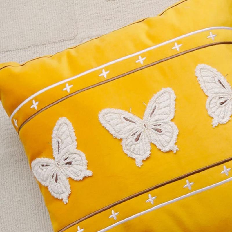 Embroidered Cushion Cover Yellow Butterfly Decorative Pillows for Sofa,45x45 Summer Pillowcase with Flowers for Backrest Support
