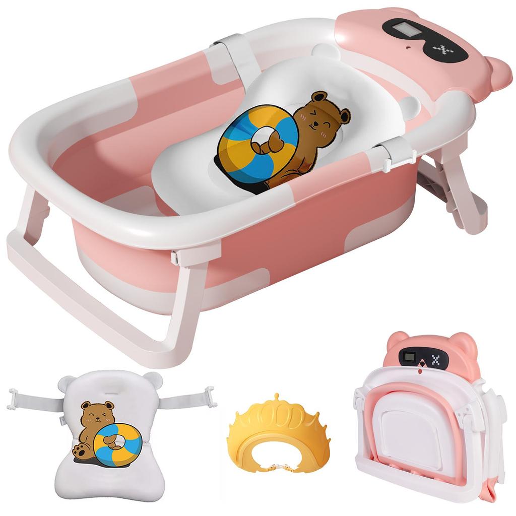 Foldable Baby Bathtub for Infants To Toddler, Portable Travel Bathtub with Thermometer & Bath Cushion & Bath Cap, Baby Bathtub for Newborn 0-36 Month