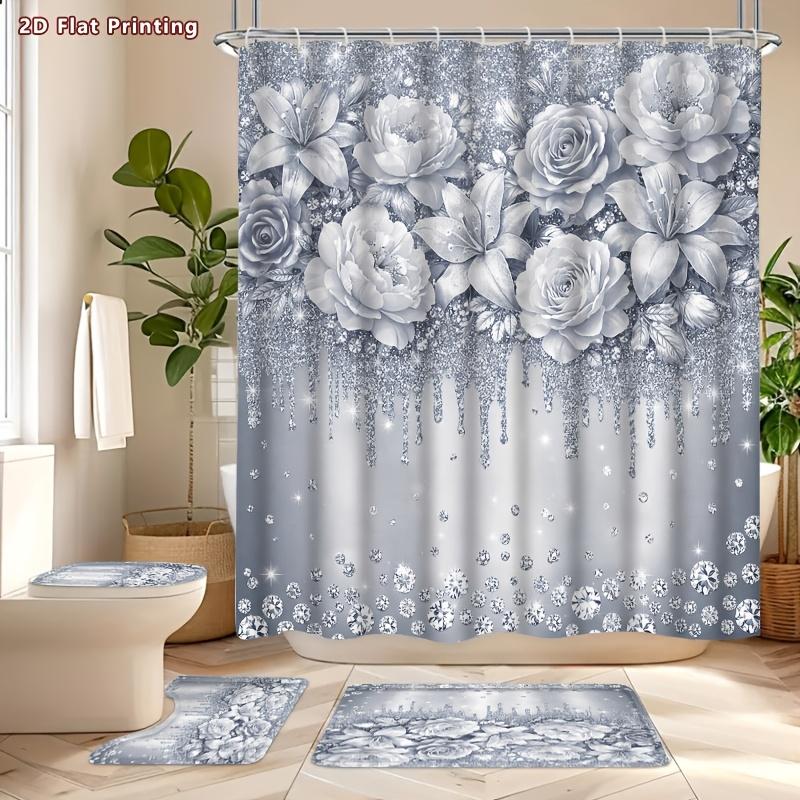 4Pcs Shower Curtain Set with Non-Slip Bath Mat, Toilet Lid Cover, Contour Rug & 12 Hooks, Bathroom Decor